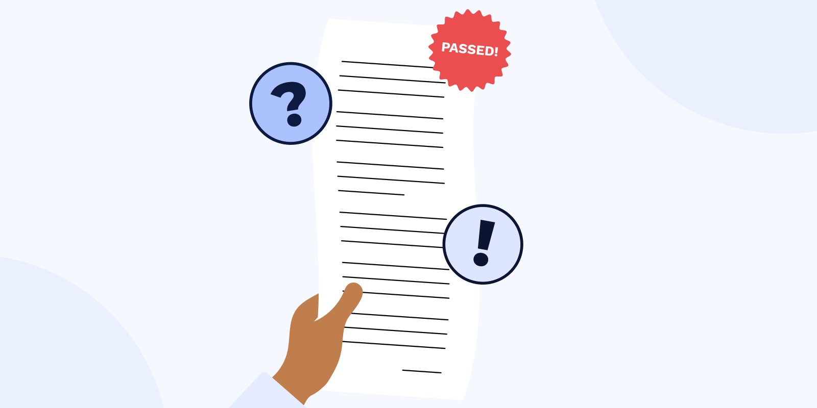Illustration of a hand holding a document that says 'passed!' with question and exclamation icons nearby.