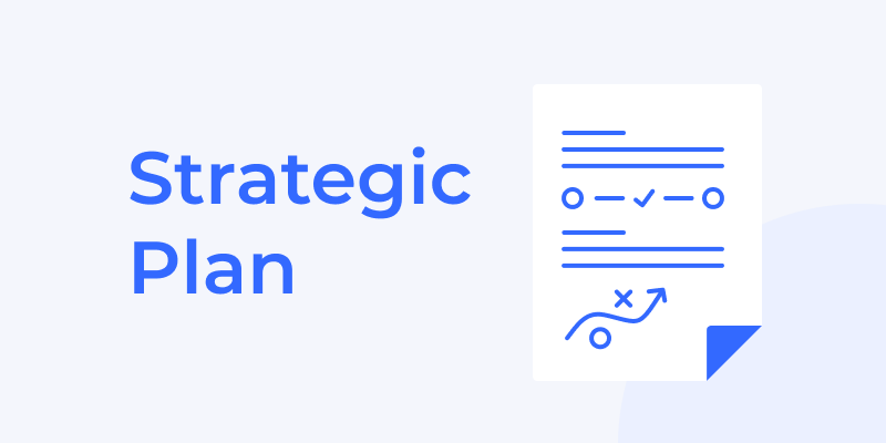 The image shows a simple design with the text 'Strategic Plan' on the left in blue. To the right, there is an icon of a document featuring simple symbols and a strategy diagram.